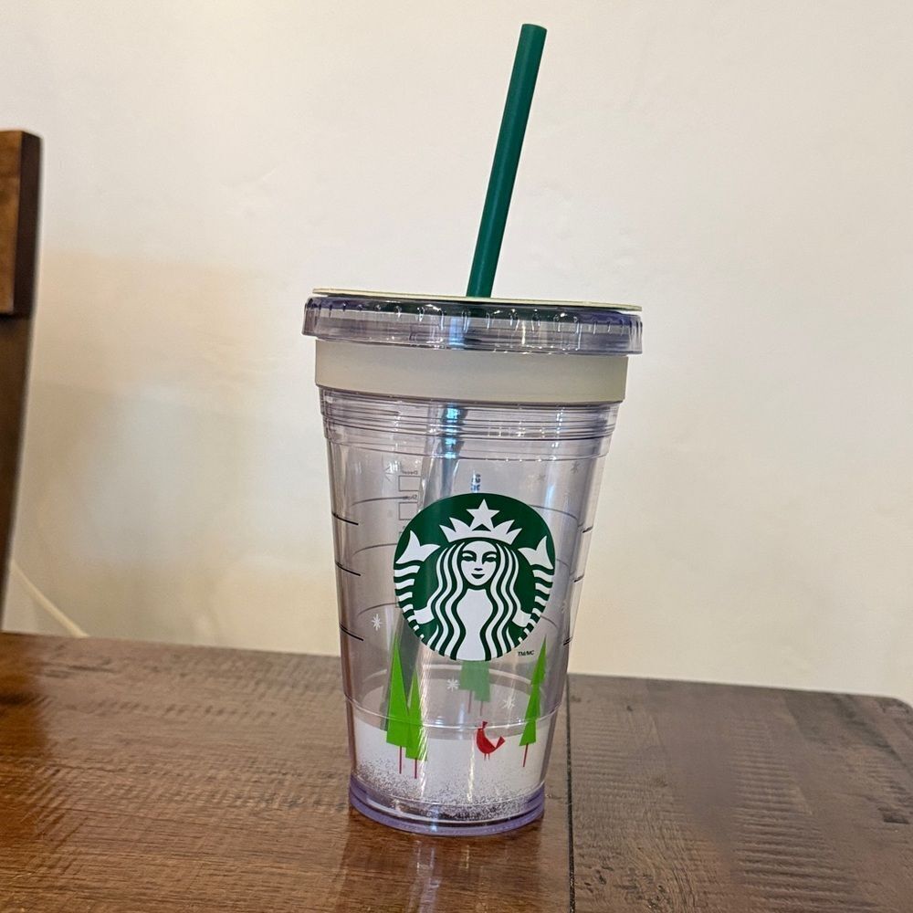 Starbucks Cup create your own cold cup with Green Straw and Tree Design